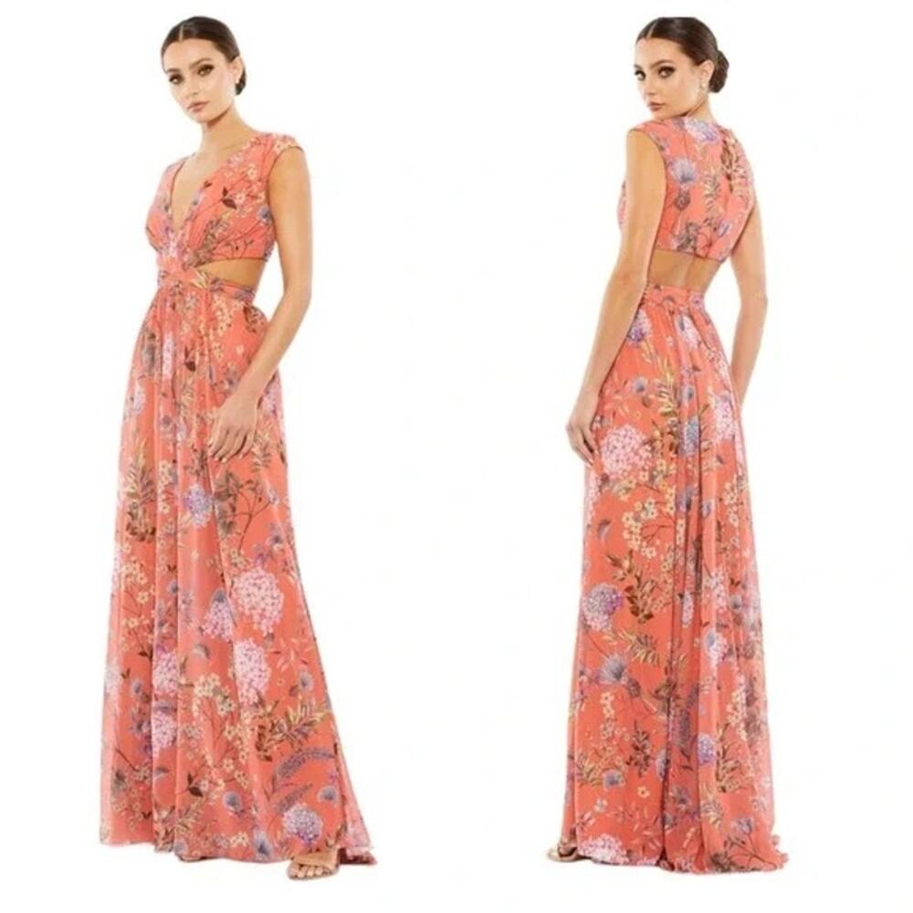 Mac Duggal Coral Cutout Waist Floral Print Chiffon  Formal Gown Size 6